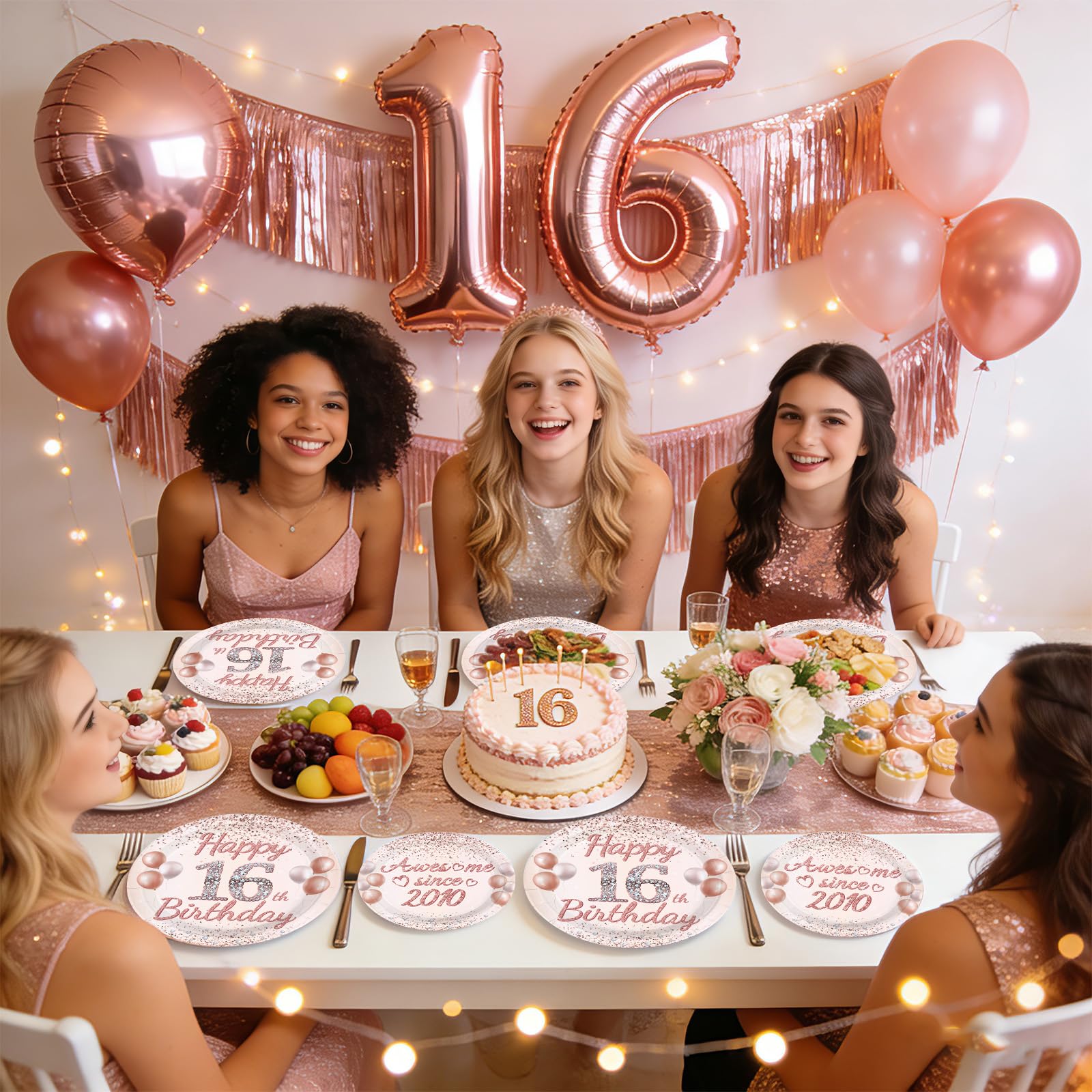 96 Pcs Pink Gold 16th Birthday Party Plates and Napkins - Grencian
