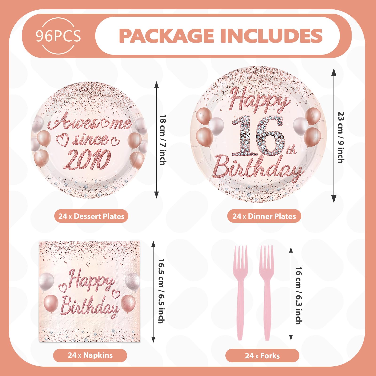 96 Pcs Pink Gold 16th Birthday Party Plates and Napkins - Grencian