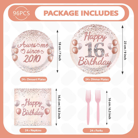 96 Pcs Pink Gold 16th Birthday Party Plates and Napkins - Grencian