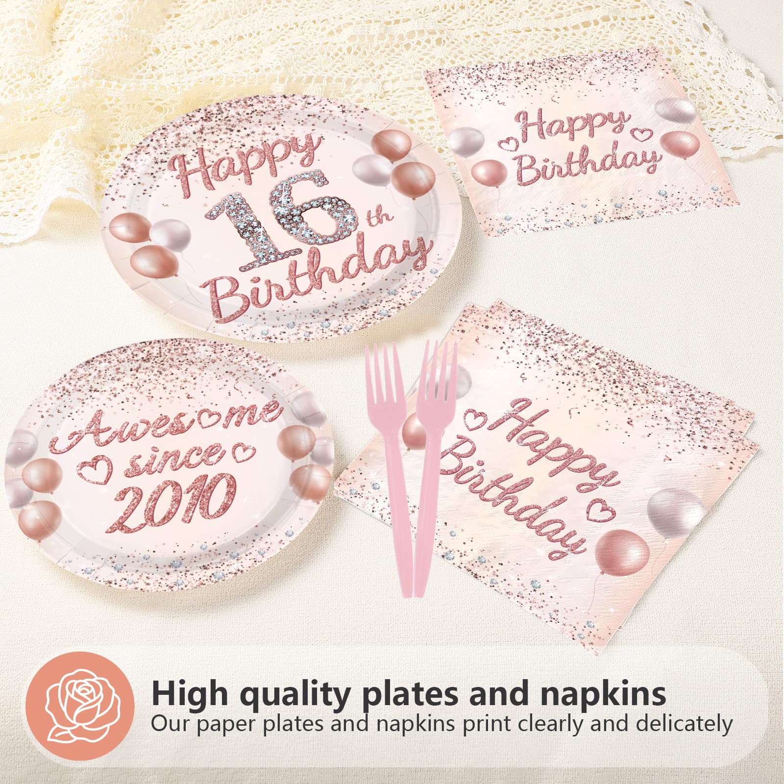 96 Pcs Pink Gold 16th Birthday Party Plates and Napkins - Grencian