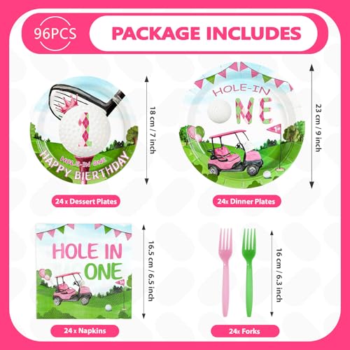 96 Pcs Pink Golf 1st Birthday Party Plates and Napkins - Grencian