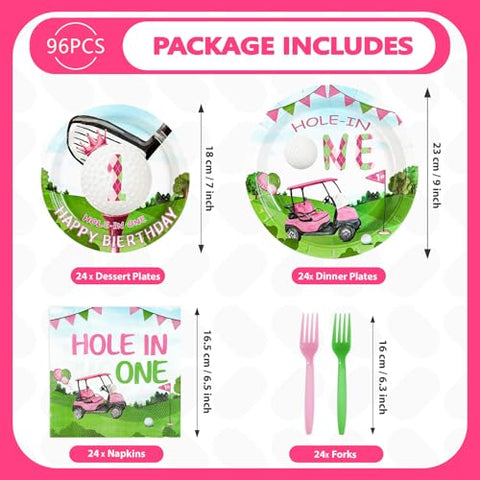 96 Pcs Pink Golf 1st Birthday Party Plates and Napkins - Grencian
