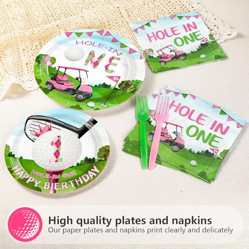 96 Pcs Pink Golf 1st Birthday Party Plates and Napkins - Grencian