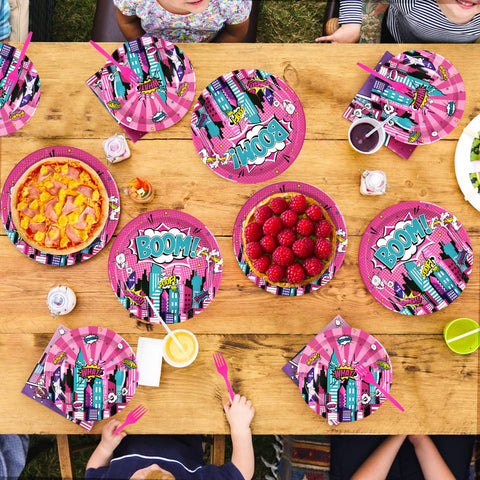 96 Pcs Pink Hero Party Plates and Napkins - Grencian