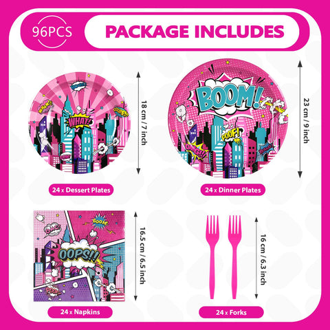 96 Pcs Pink Hero Party Plates and Napkins - Grencian