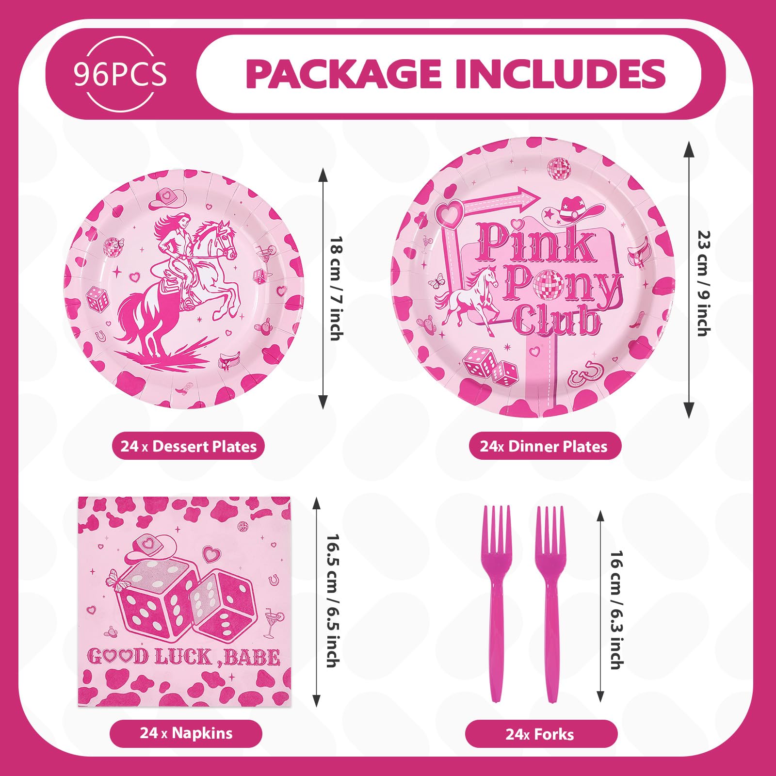96 Pcs Pink Horse Party Plates and Napkins - Grencian