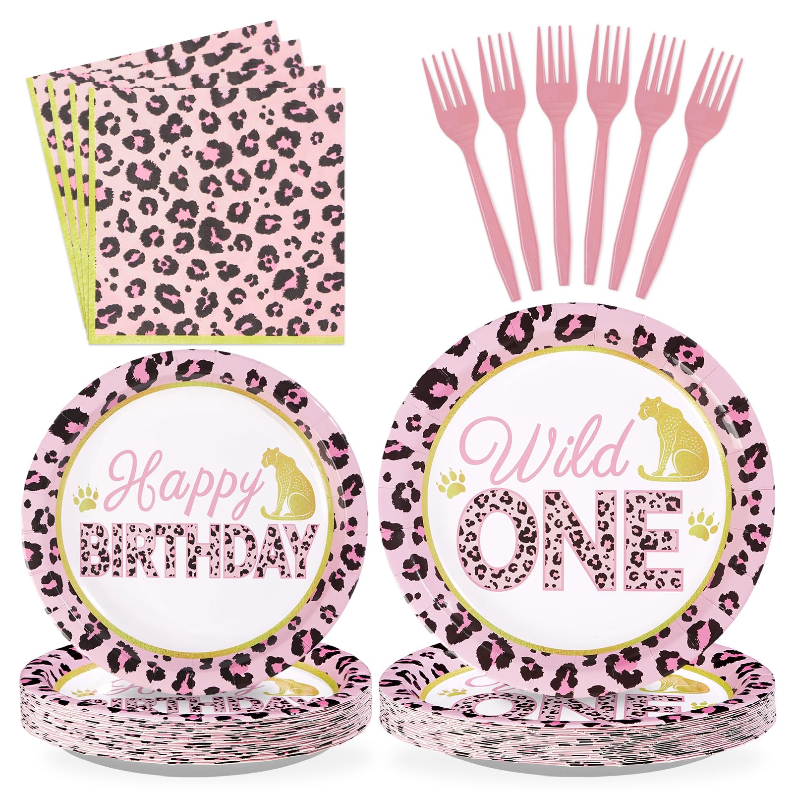 96 Pcs Pink Leopard 1st Birthday Party Plates and Napkins - Grencian