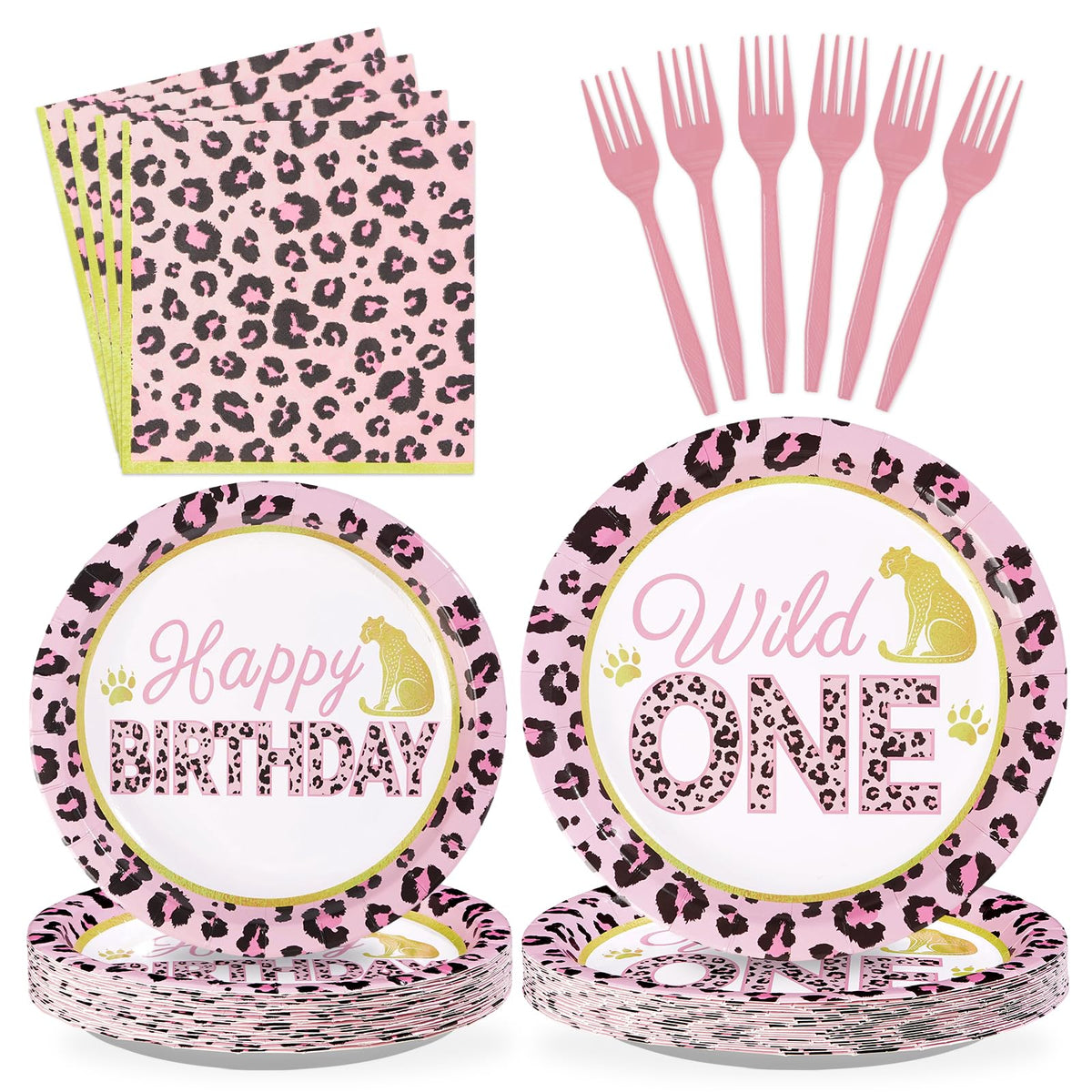 96 Pcs Pink Leopard 1st Birthday Party Plates and Napkins - Grencian