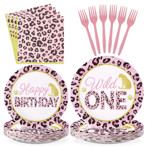 96 Pcs Pink Leopard 1st Birthday Party Plates and Napkins - Grencian