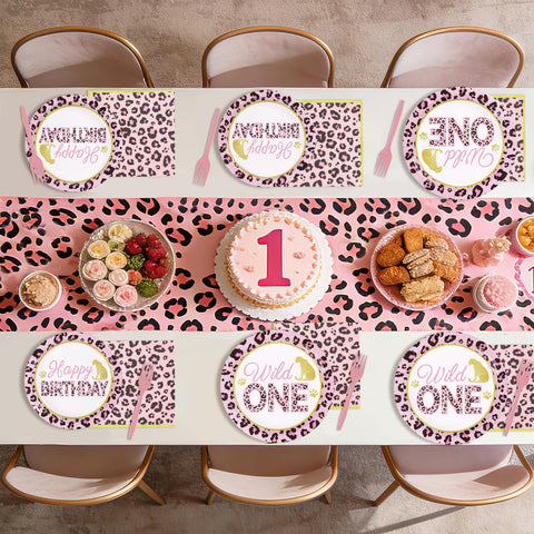 96 Pcs Pink Leopard 1st Birthday Party Plates and Napkins - Grencian