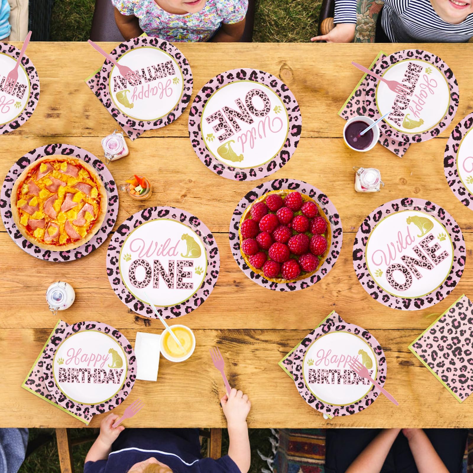 96 Pcs Pink Leopard 1st Birthday Party Plates and Napkins - Grencian