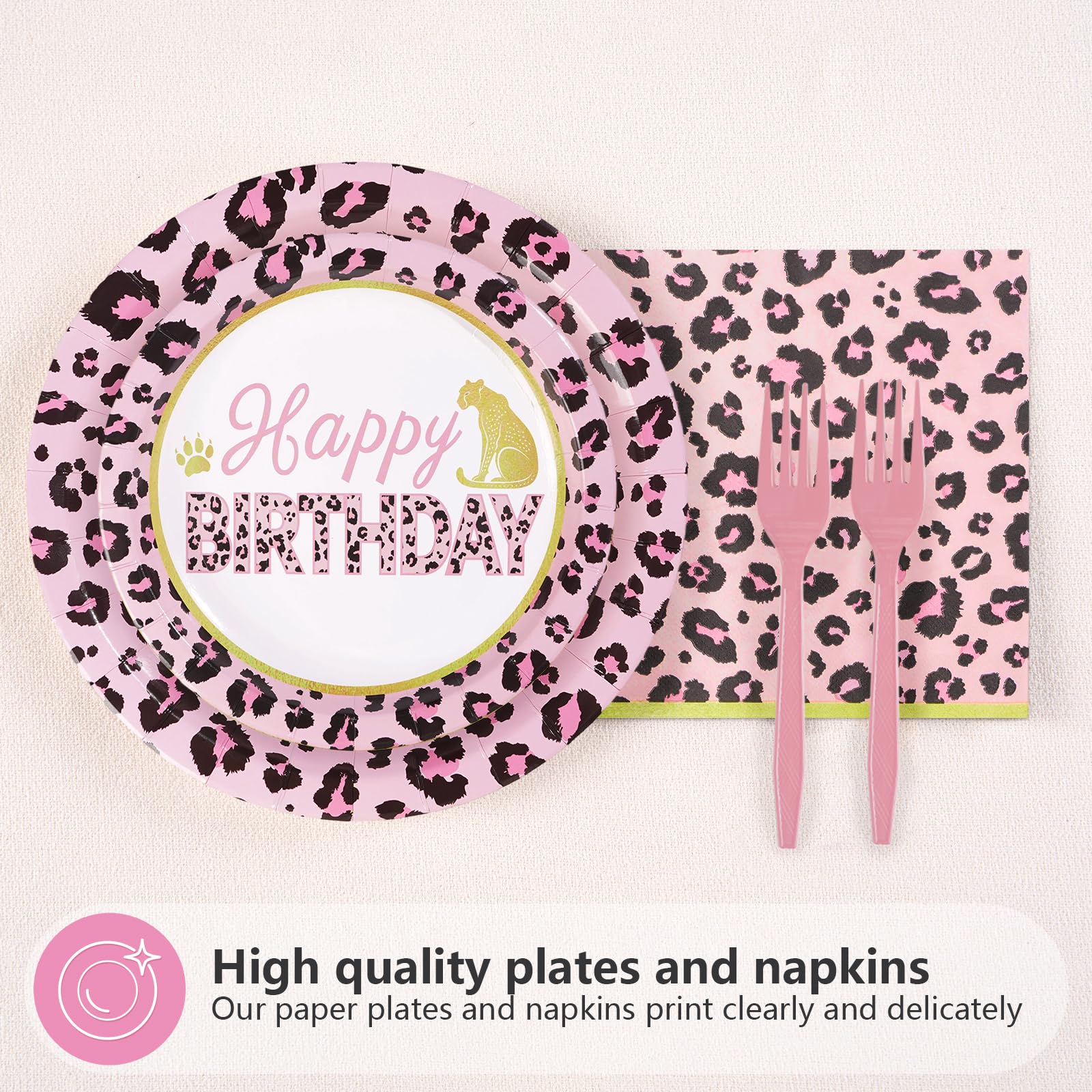 96 Pcs Pink Leopard 1st Birthday Party Plates and Napkins - Grencian