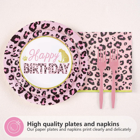 96 Pcs Pink Leopard 1st Birthday Party Plates and Napkins - Grencian