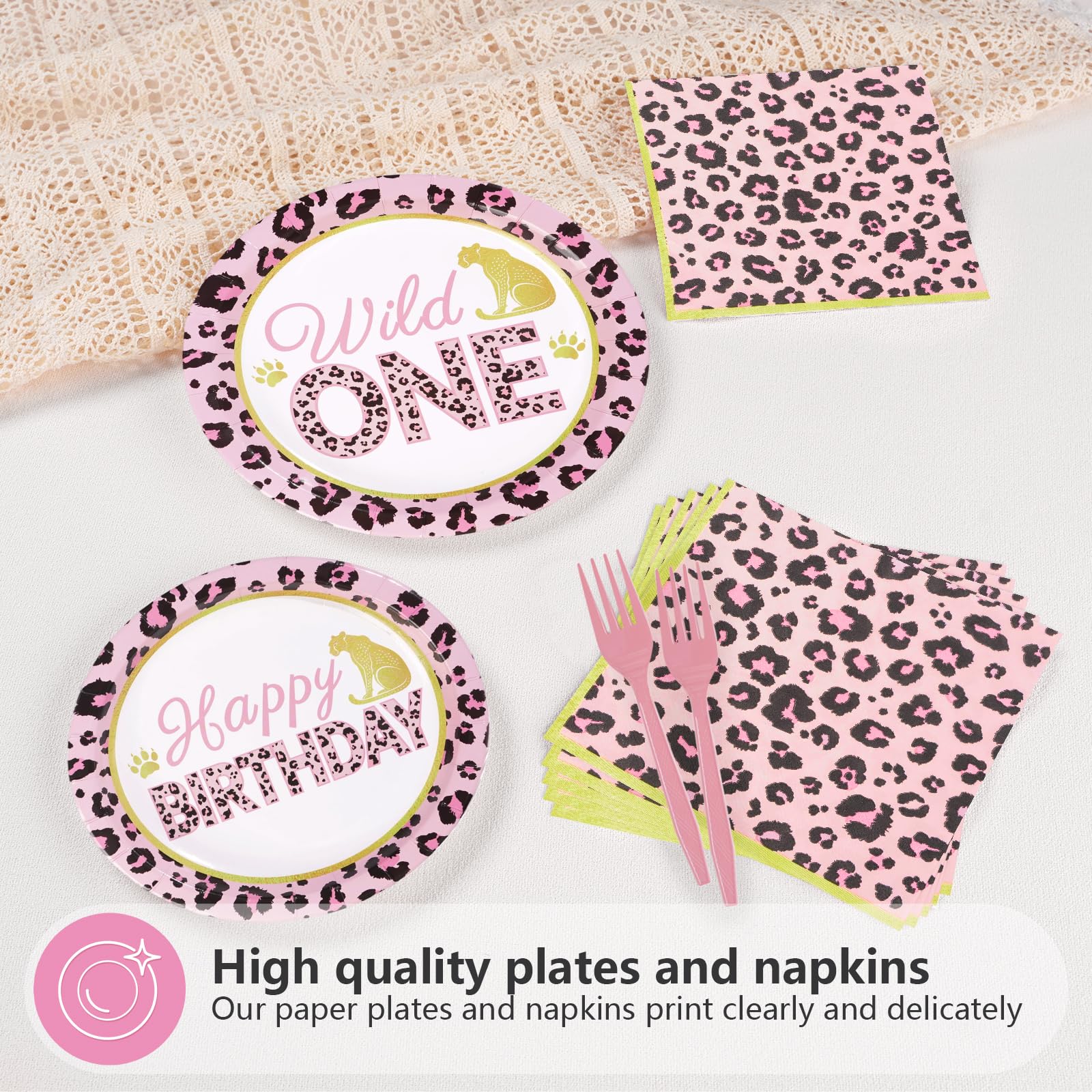 96 Pcs Pink Leopard 1st Birthday Party Plates and Napkins - Grencian