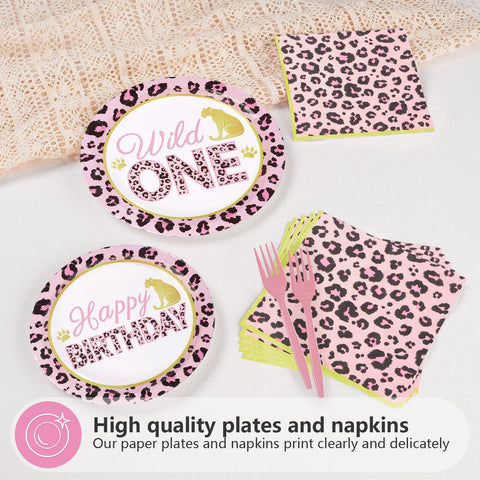 96 Pcs Pink Leopard 1st Birthday Party Plates and Napkins - Grencian
