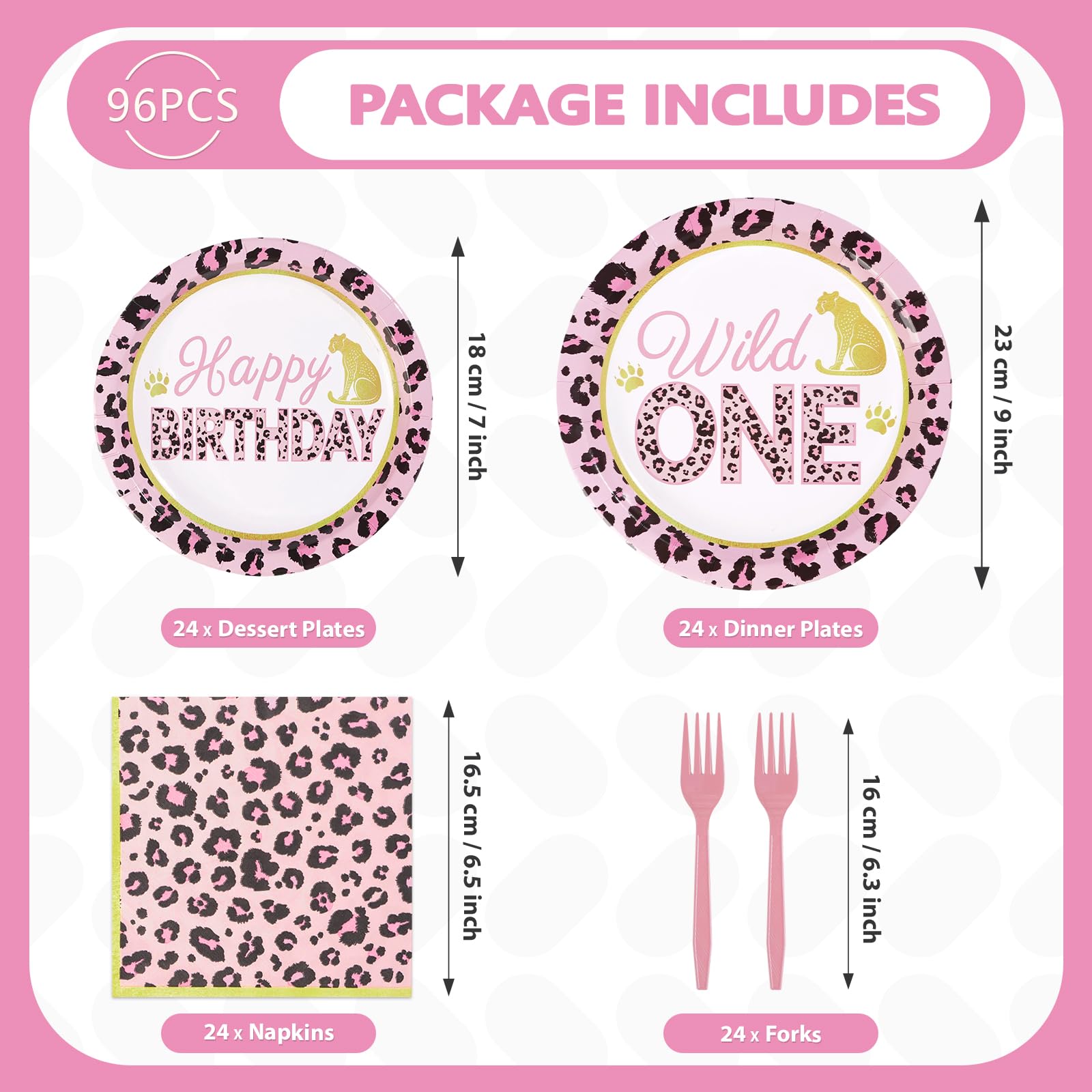 96 Pcs Pink Leopard 1st Birthday Party Plates and Napkins - Grencian