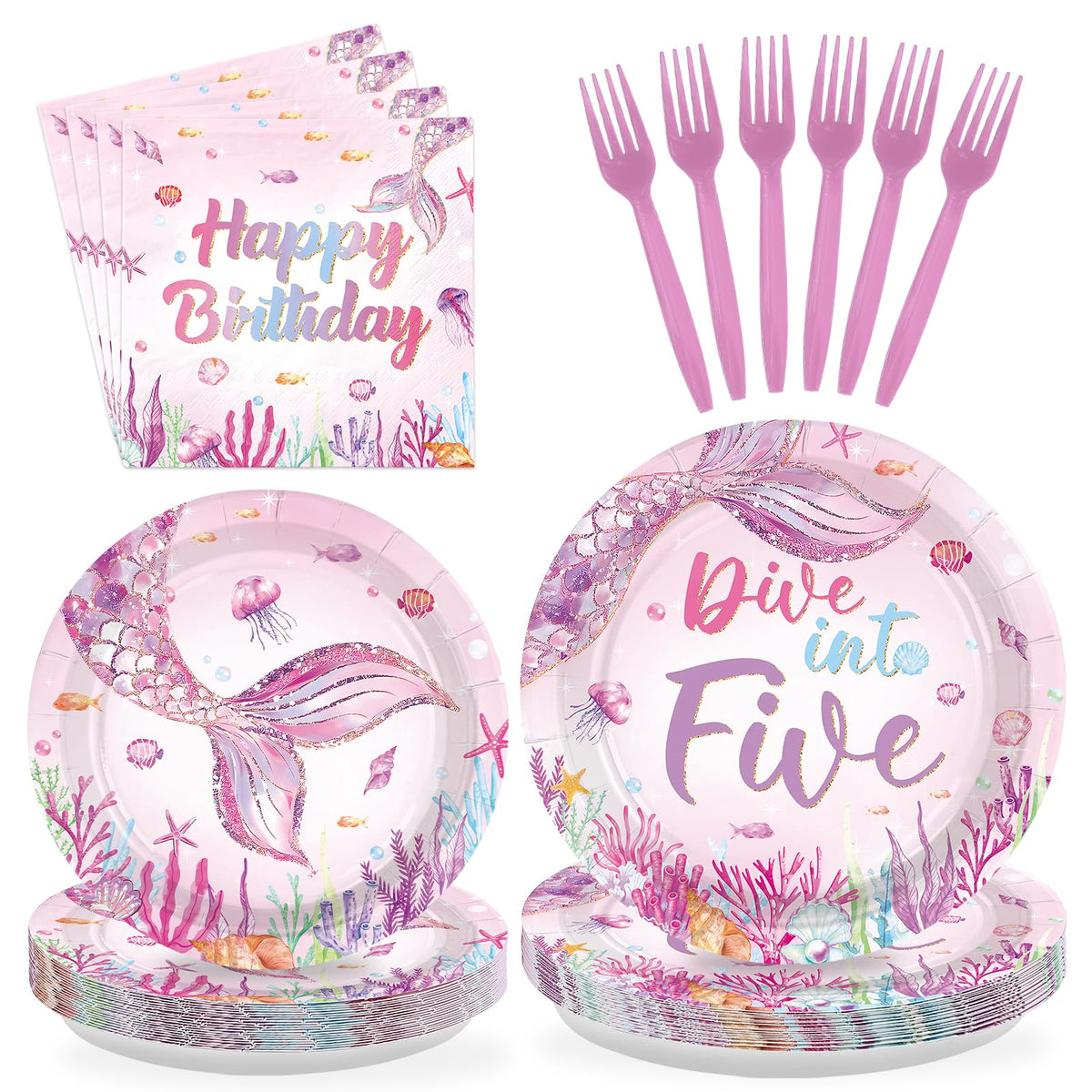 96 Pcs Pink Mermaid 5th Birthday Party Plates and Napkins - Grencian