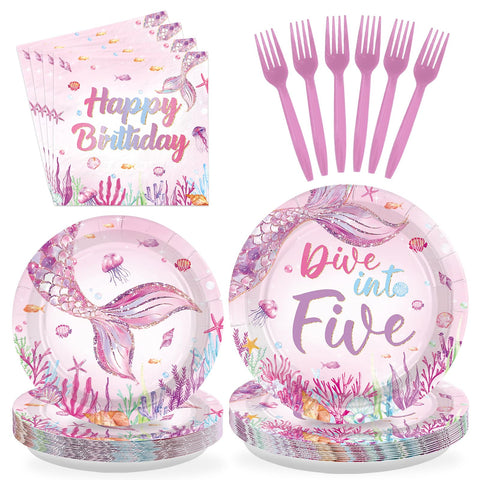 96 Pcs Pink Mermaid 5th Birthday Party Plates and Napkins - Grencian