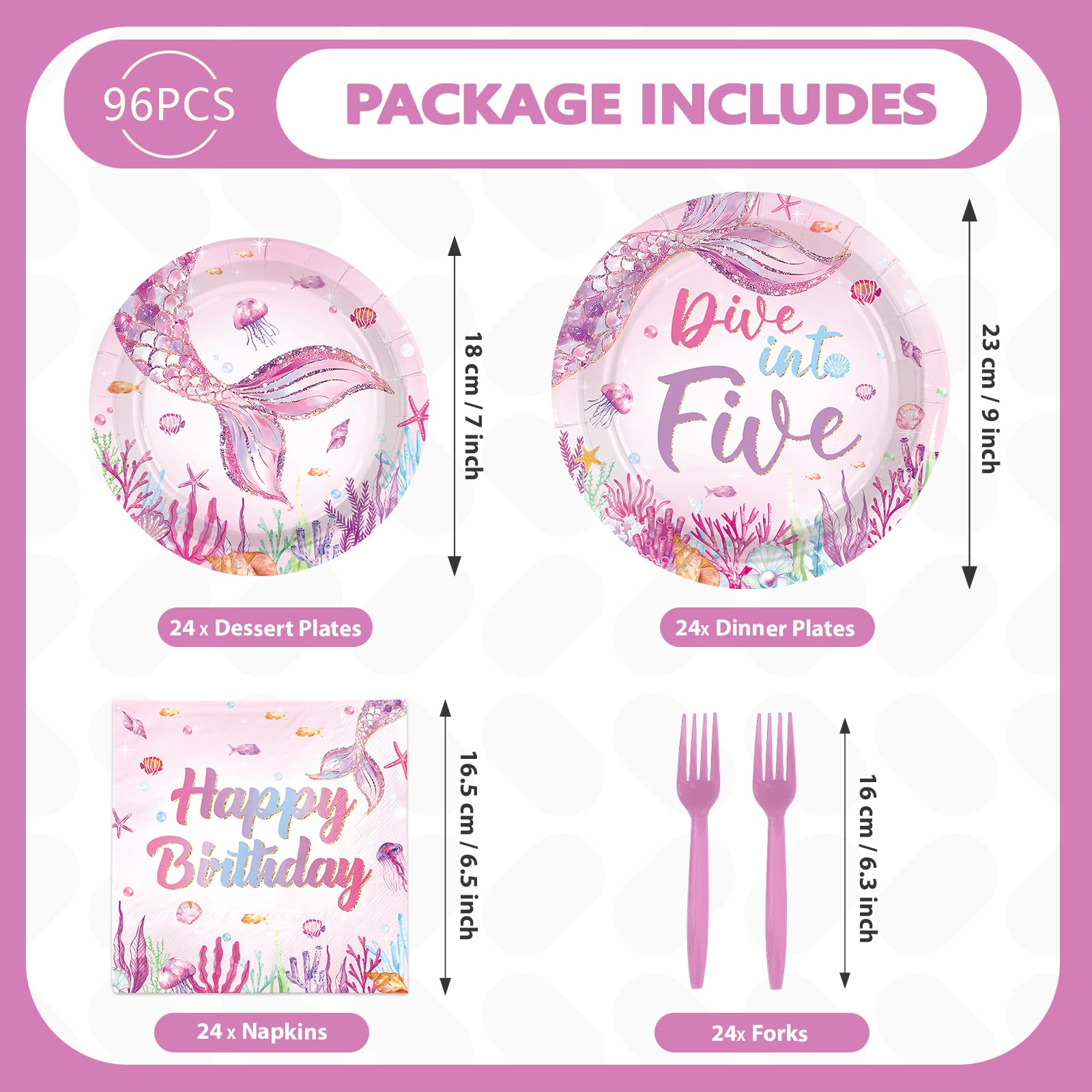 96 Pcs Pink Mermaid 5th Birthday Party Plates and Napkins - Grencian