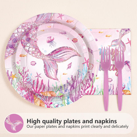 96 Pcs Pink Mermaid 5th Birthday Party Plates and Napkins - Grencian