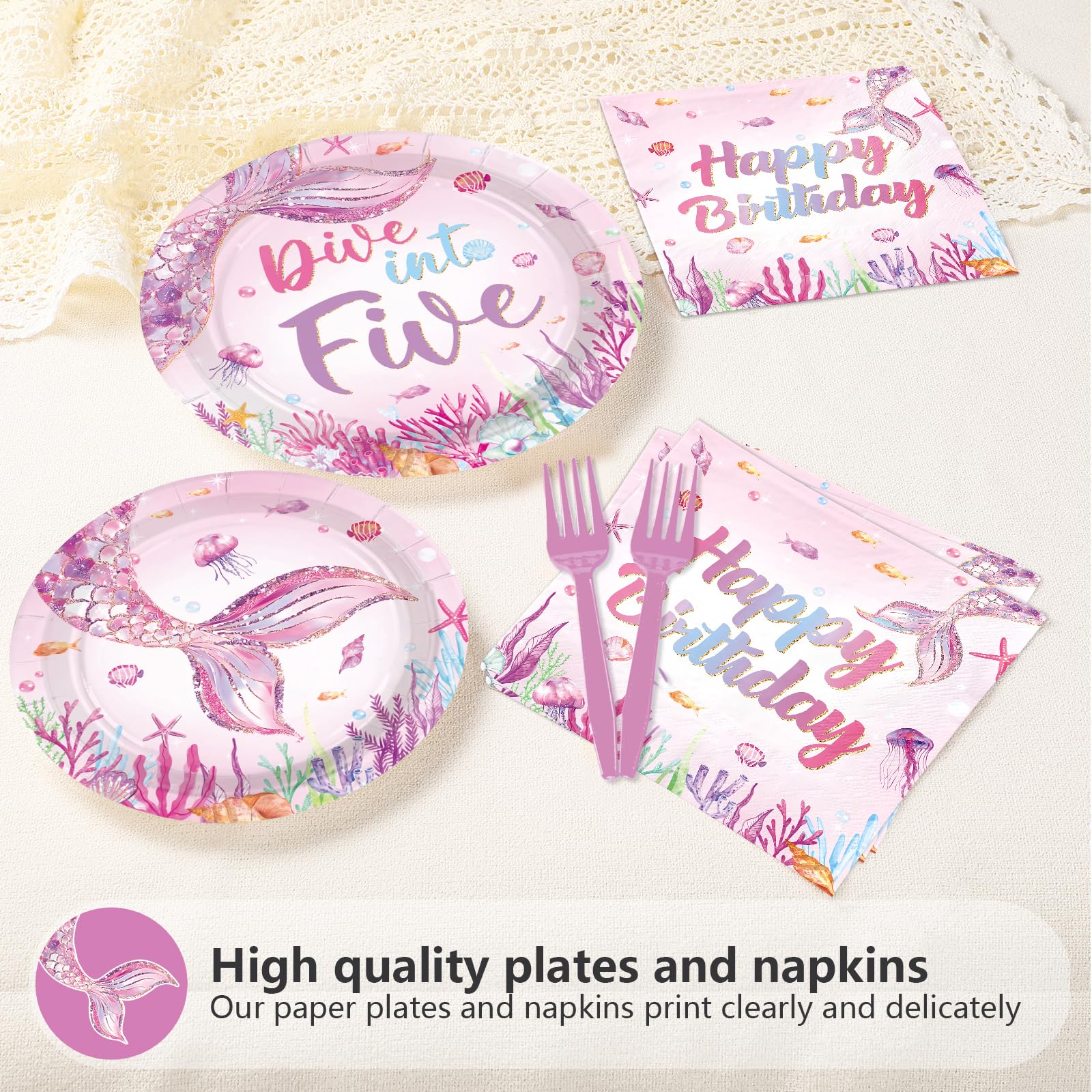 96 Pcs Pink Mermaid 5th Birthday Party Plates and Napkins - Grencian