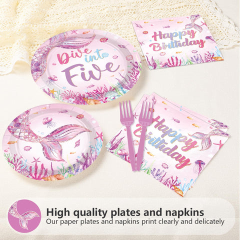 96 Pcs Pink Mermaid 5th Birthday Party Plates and Napkins - Grencian