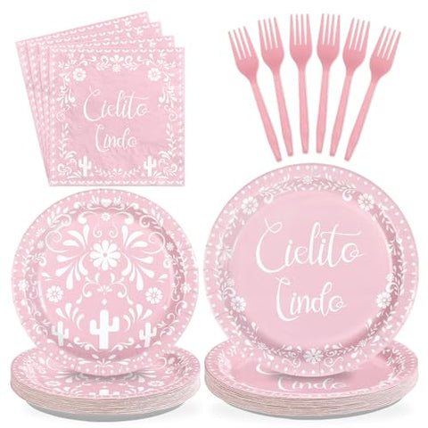 96 Pcs Pink Mexican Baby Shower Party Plates and Napkins - Grencian
