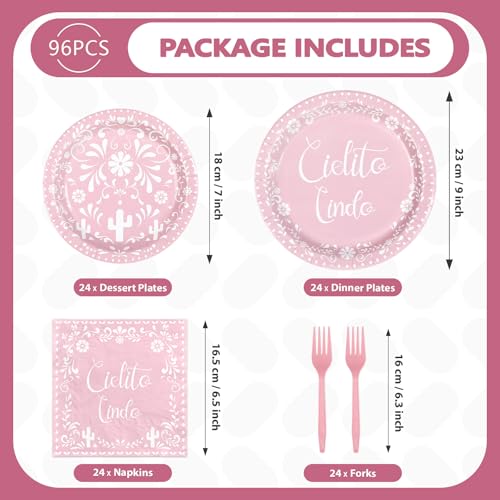 96 Pcs Pink Mexican Baby Shower Party Plates and Napkins - Grencian