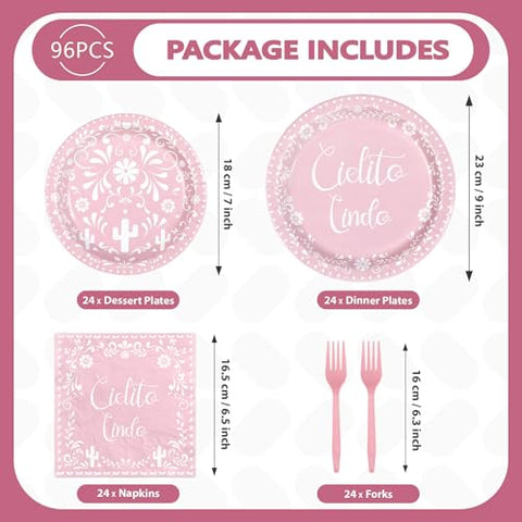 96 Pcs Pink Mexican Baby Shower Party Plates and Napkins - Grencian