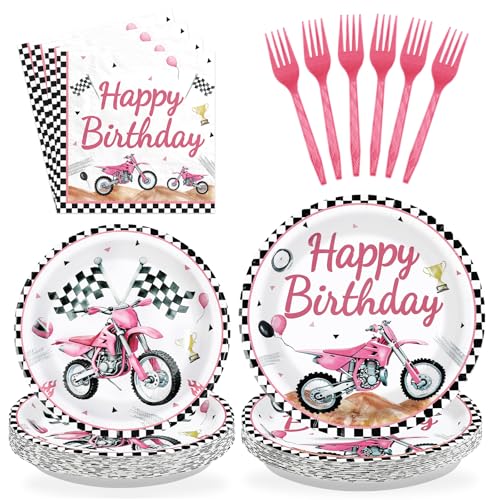 96 Pcs Pink Motorcycle Birthday Party Plates and Napkins - Grencian