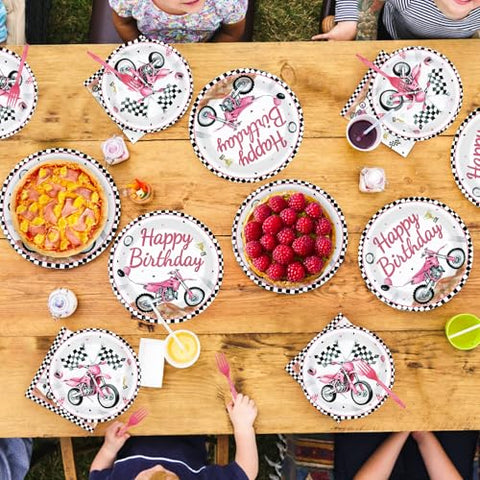 96 Pcs Pink Motorcycle Birthday Party Plates and Napkins - Grencian
