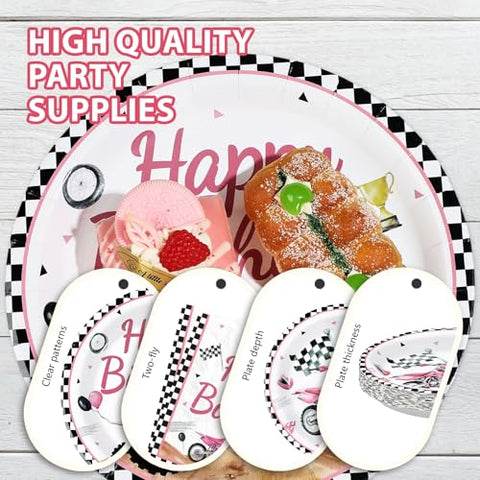 96 Pcs Pink Motorcycle Birthday Party Plates and Napkins - Grencian