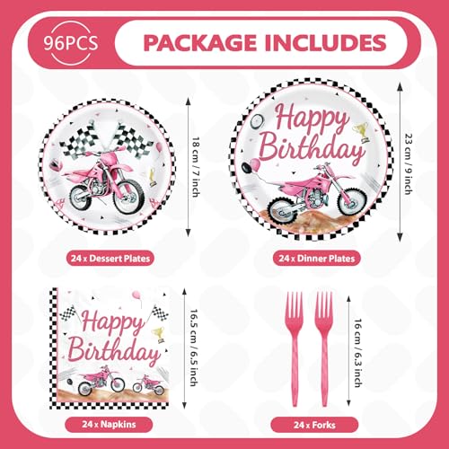 96 Pcs Pink Motorcycle Birthday Party Plates and Napkins - Grencian