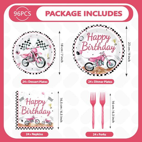 96 Pcs Pink Motorcycle Birthday Party Plates and Napkins - Grencian
