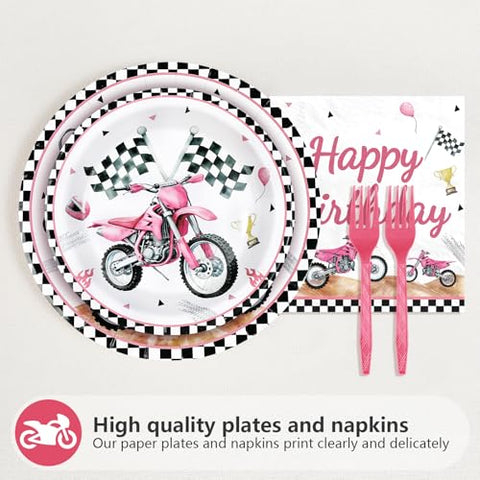 96 Pcs Pink Motorcycle Birthday Party Plates and Napkins - Grencian