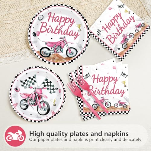 96 Pcs Pink Motorcycle Birthday Party Plates and Napkins - Grencian