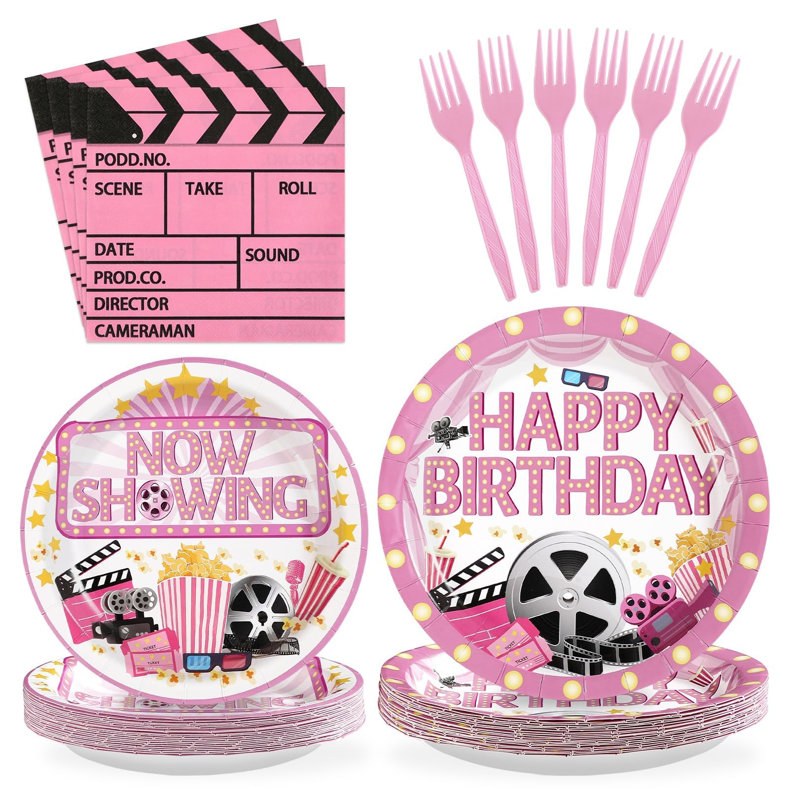 96 Pcs Pink Movie Night Birthday Party Plates and Napkins - Grencian