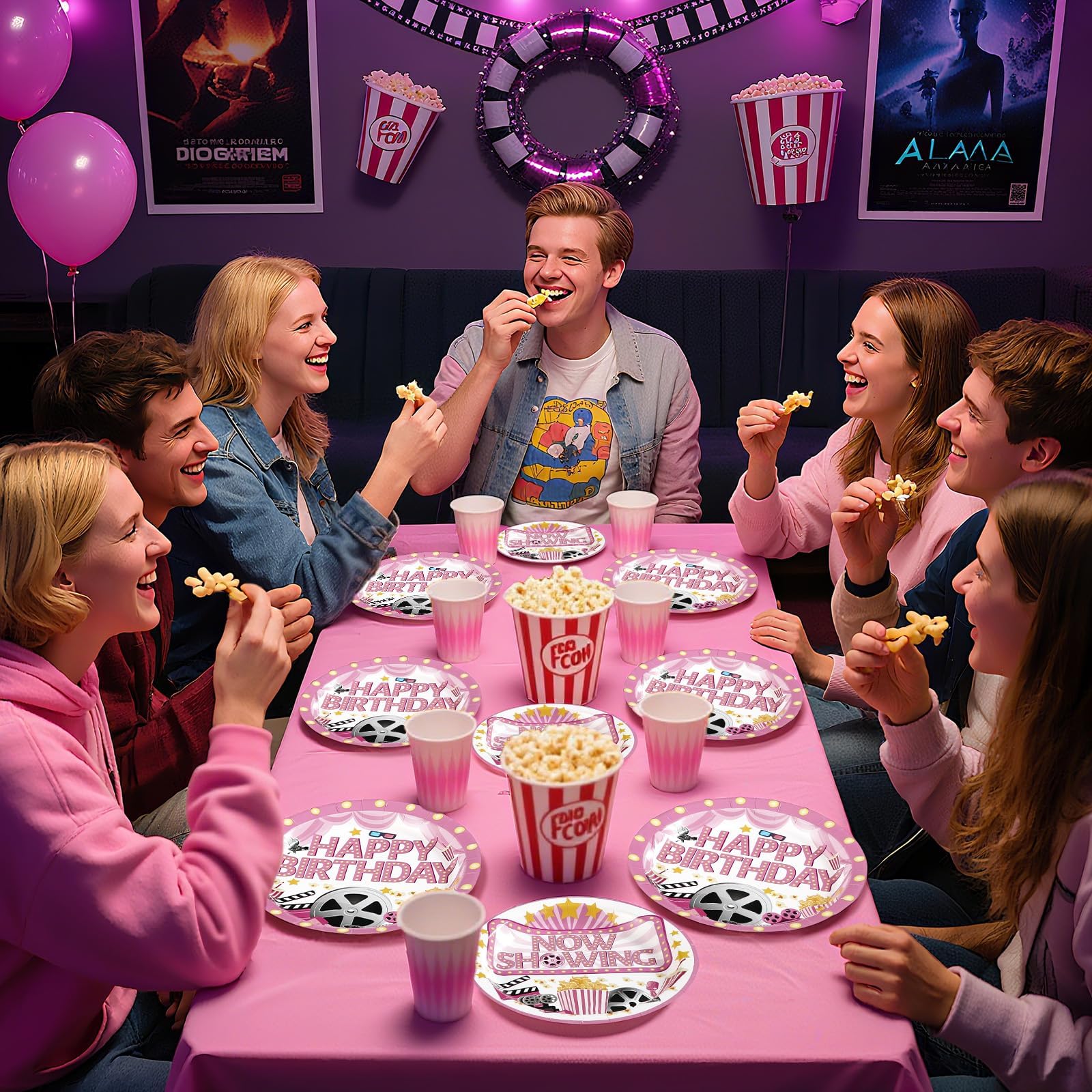 96 Pcs Pink Movie Night Birthday Party Plates and Napkins - Grencian
