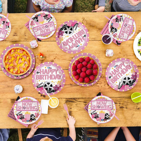96 Pcs Pink Movie Night Birthday Party Plates and Napkins - Grencian