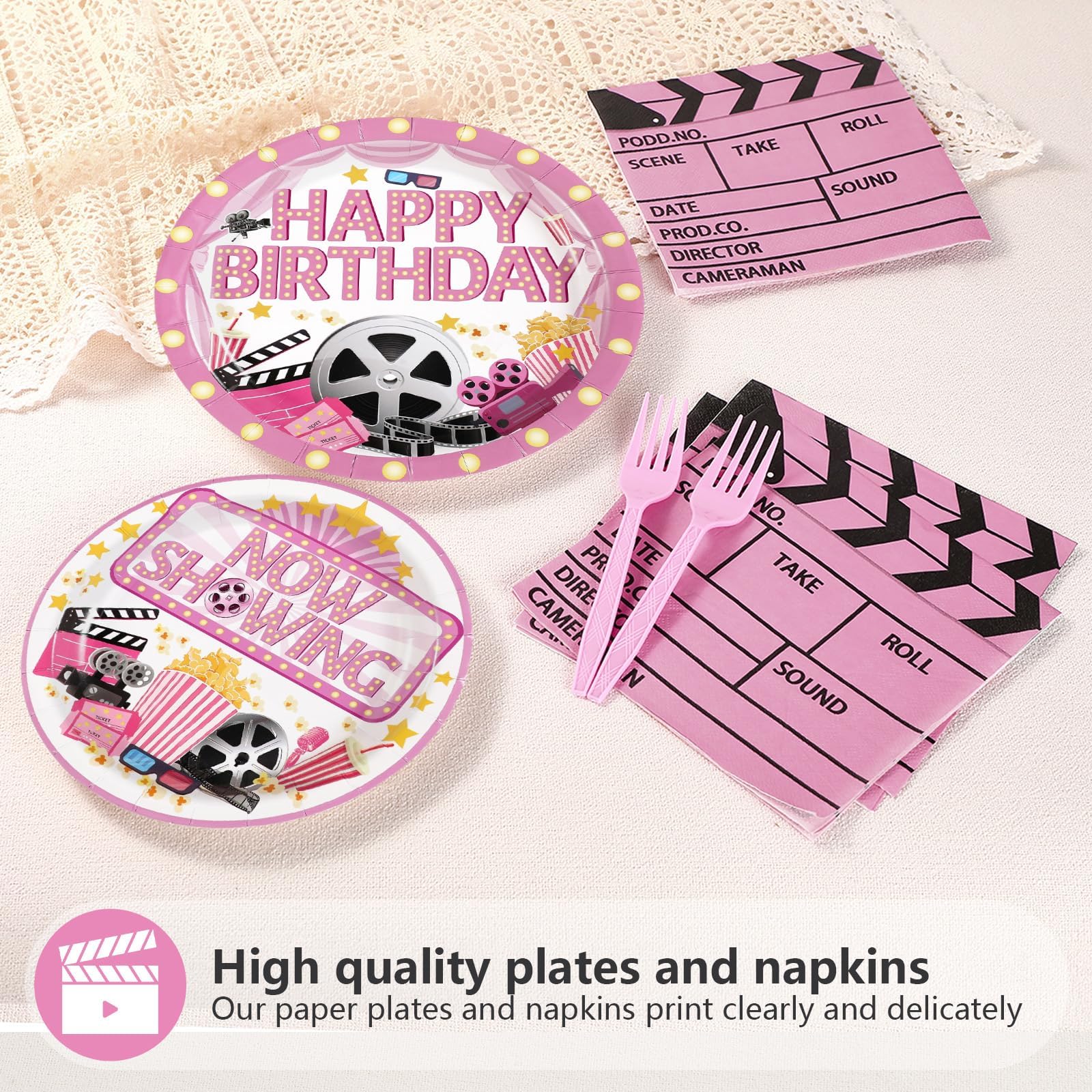 96 Pcs Pink Movie Night Birthday Party Plates and Napkins - Grencian