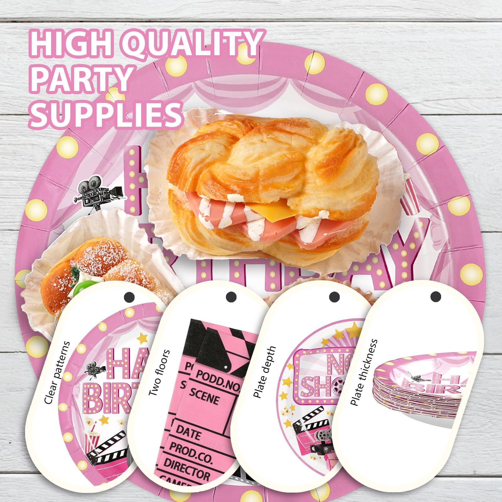 96 Pcs Pink Movie Night Birthday Party Plates and Napkins - Grencian