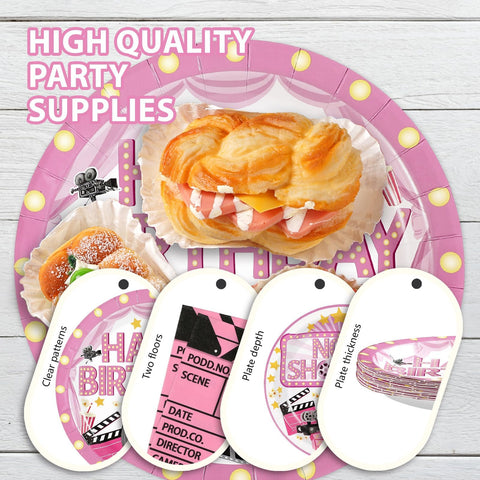 96 Pcs Pink Movie Night Birthday Party Plates and Napkins - Grencian