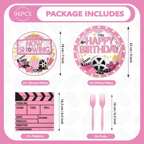 96 Pcs Pink Movie Night Birthday Party Plates and Napkins - Grencian