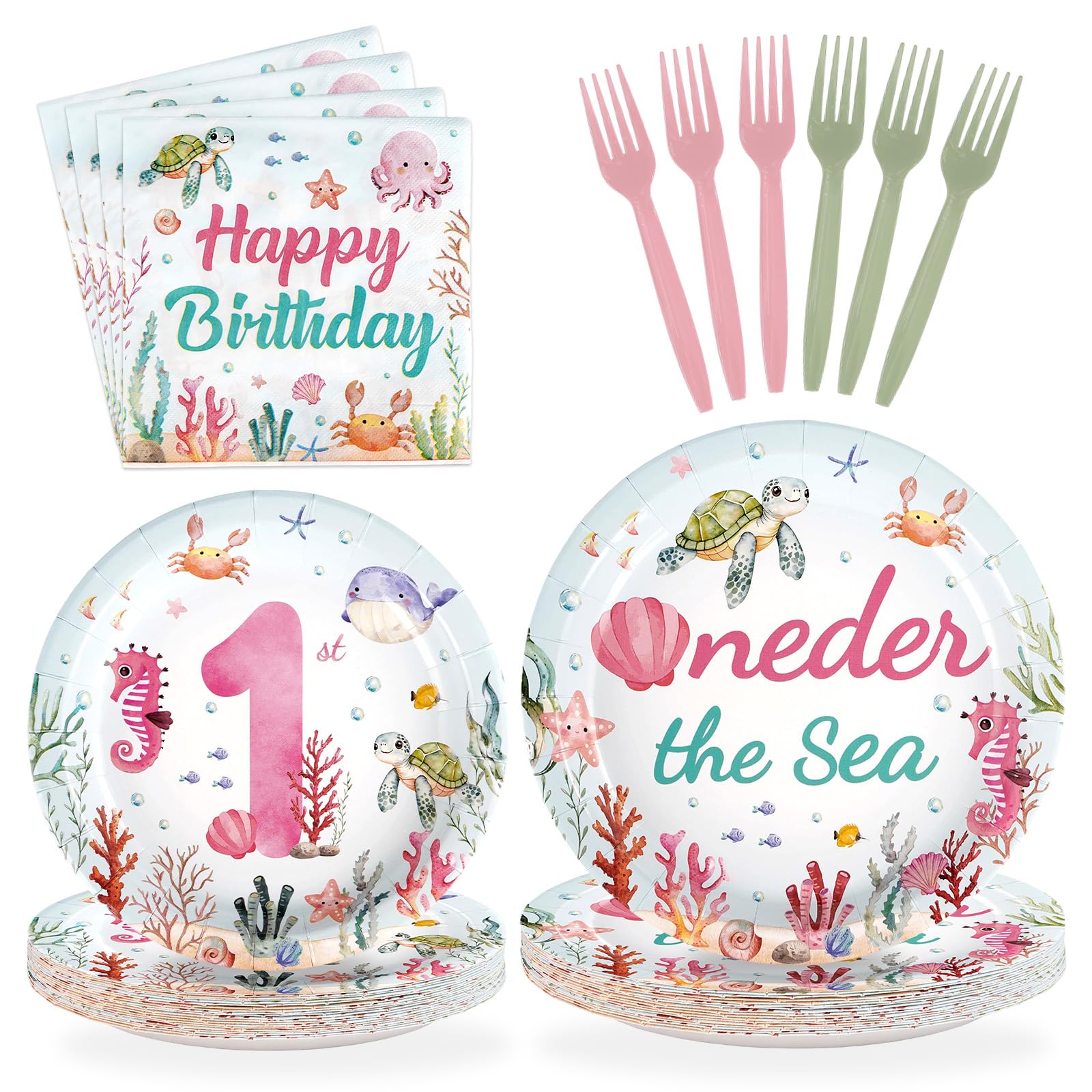 96 Pcs Pink Ocean 1st Birthday Party Plates and Napkins - Grencian