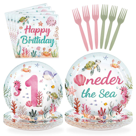 96 Pcs Pink Ocean 1st Birthday Party Plates and Napkins - Grencian