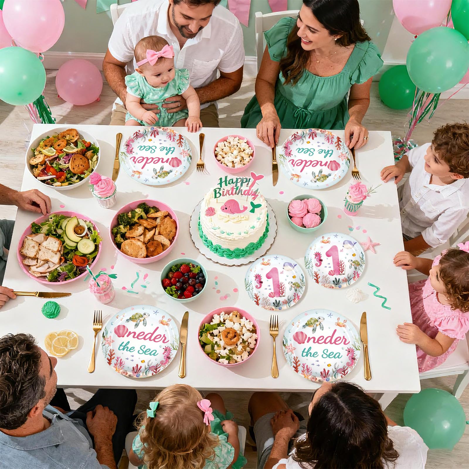 96 Pcs Pink Ocean 1st Birthday Party Plates and Napkins - Grencian