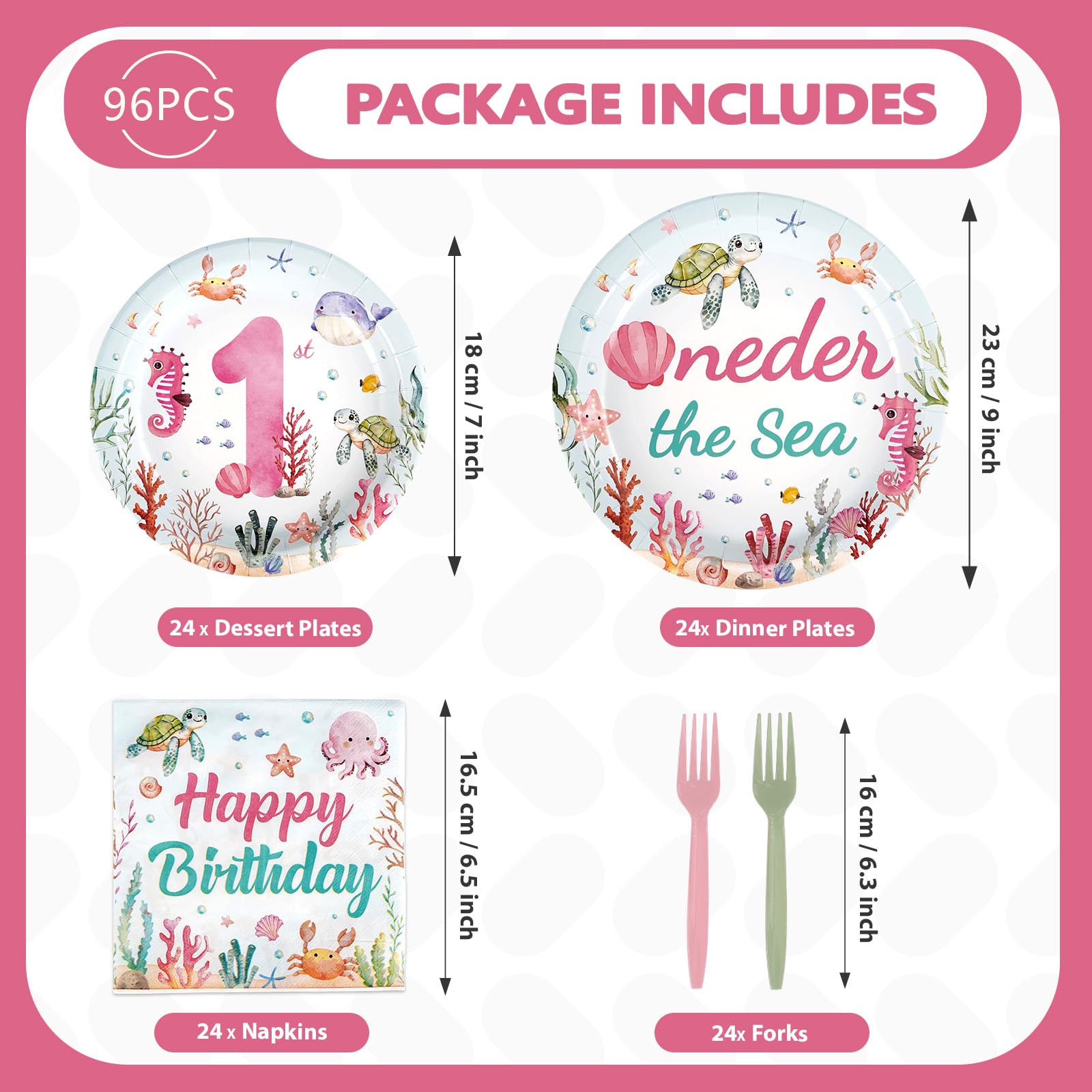 96 Pcs Pink Ocean 1st Birthday Party Plates and Napkins - Grencian