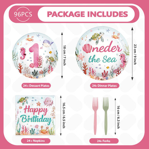96 Pcs Pink Ocean 1st Birthday Party Plates and Napkins - Grencian