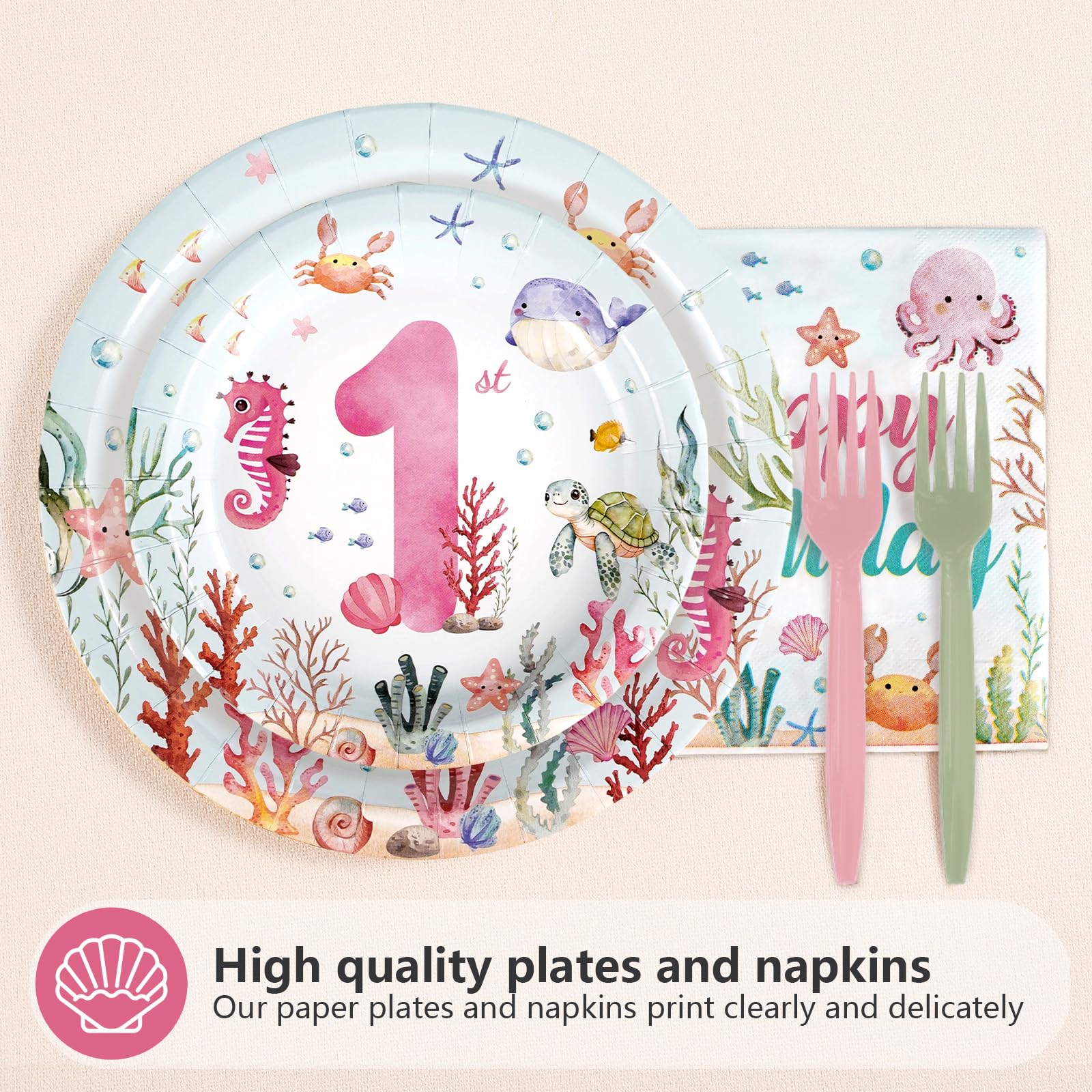 96 Pcs Pink Ocean 1st Birthday Party Plates and Napkins - Grencian