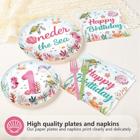 96 Pcs Pink Ocean 1st Birthday Party Plates and Napkins - Grencian